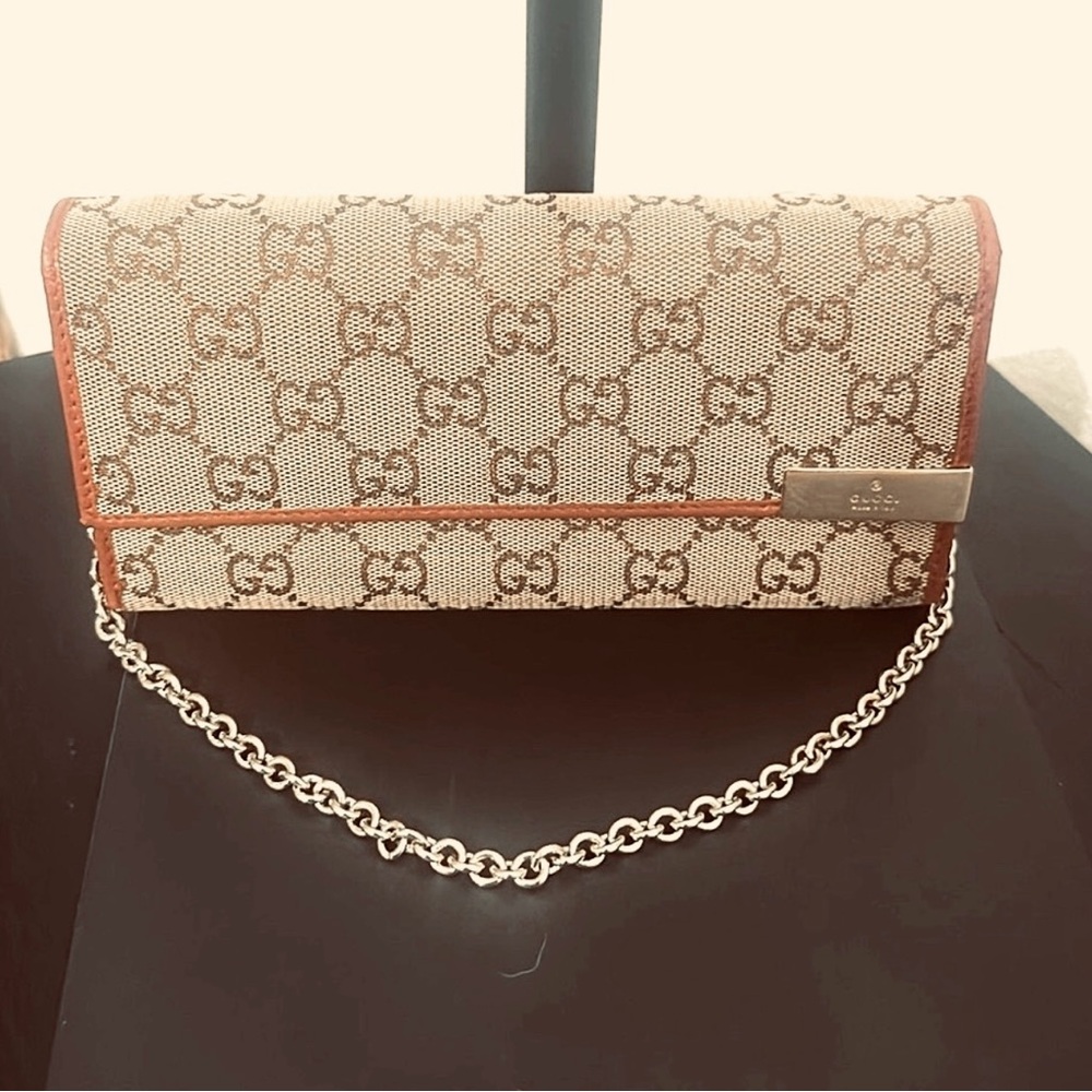 Gucci Monogram Clutch Wallet with Gold Chain